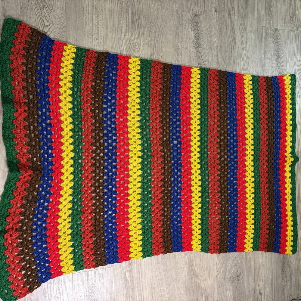Vintage Large Afghan Hand Knit Crochet Granny Stripes Blanket 60x37 Bright Color